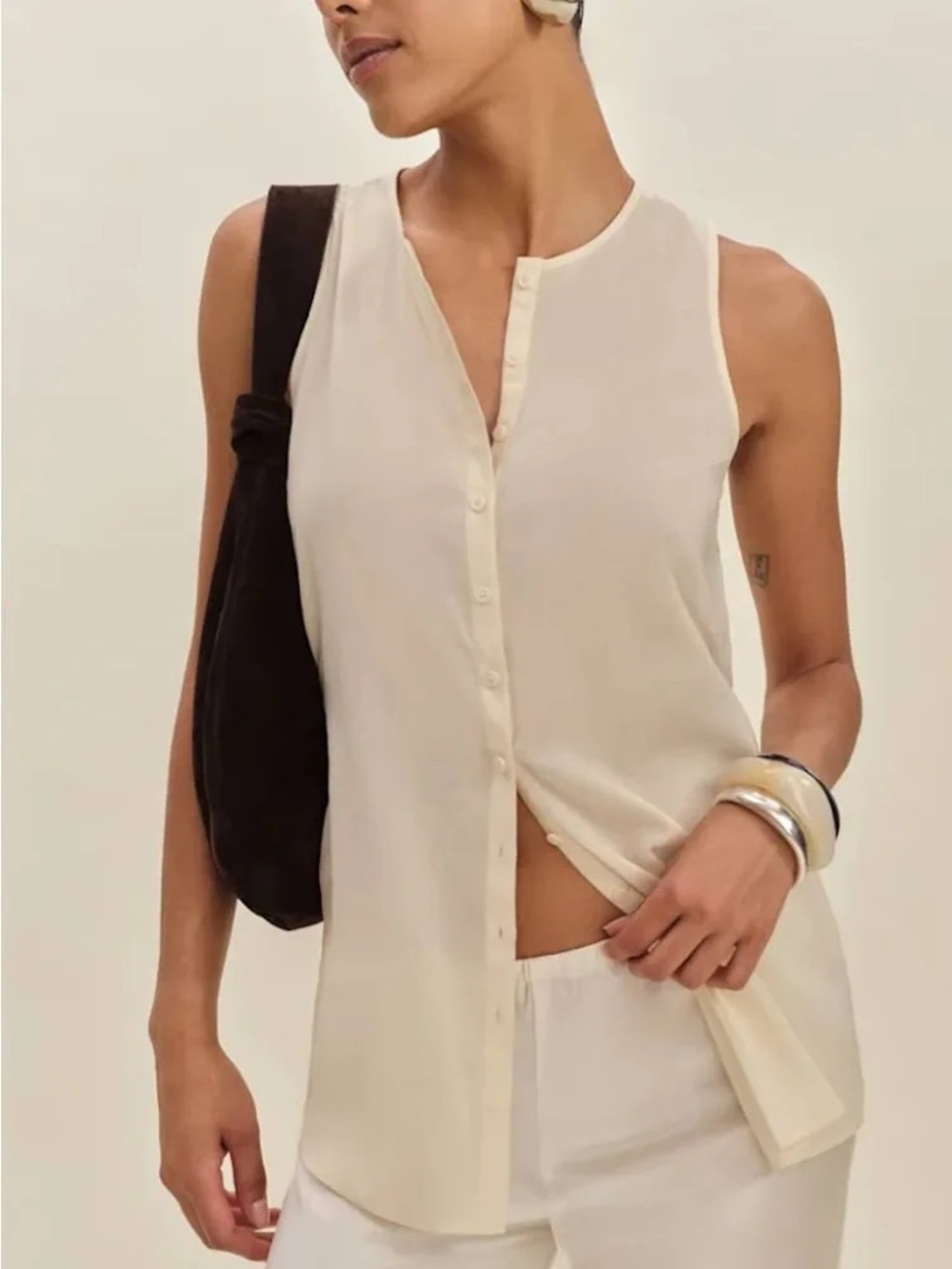 Reformation Floria Top Button-Front back tie Cream minimalist career classic 8